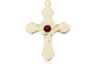 14kt Gold Filled Cross Pendant with a 3mm Garnet Swarovski stone on an 18-inch Gold Filled Light Curb Chain Engraved Catholic Saint Jewelry