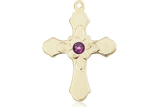 14kt Gold Filled Cross Pendant with a 3mm Amethyst Swarovski stone on an 18-inch Gold Filled Light Curb Chain Engraved Catholic Saint Jewelry