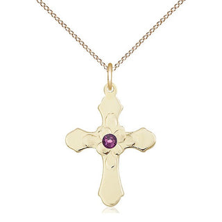 14kt Gold Filled Cross | 3mm Amethyst Swarovski stone | 18-inch Gold Filled Chain | Engravable