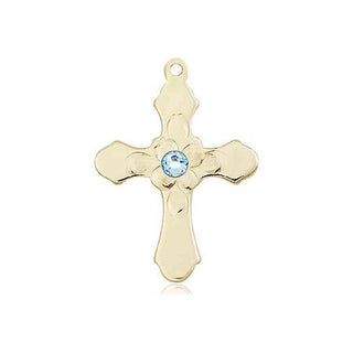 14kt Gold Filled Cross Pendant with a 3mm Aqua Swarovski stone on an 18-inch Gold Filled Light Curb Chain Engraved Catholic Saint Jewelry