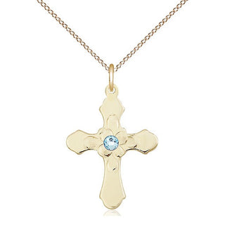 14kt Gold Filled Cross | 3mm Aqua Swarovski stone | 18-inch Gold Filled Chain | Engravable