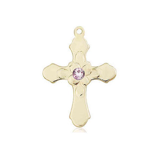 14kt Gold Filled Cross Pendant with a 3mm Light Amethyst Swarovski stone on an 18-inch Gold Filled Light Curb Chain Engraved Catholic Saint Jewelry