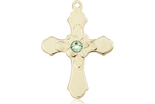 14kt Gold Filled Cross Pendant with a 3mm Peridot Swarovski stone on an 18-inch Gold Filled Light Curb Chain Engraved Catholic Saint Jewelry