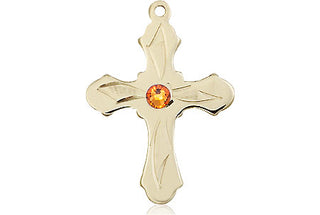14kt Gold Filled Cross Pendant with a 3mm Topaz Swarovski stone on an 18-inch Gold Filled Light Curb Chain Engraved Catholic Saint Jewelry
