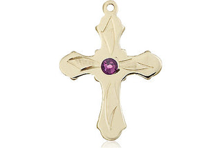 14kt Gold Filled Cross Pendant with a 3mm Amethyst Swarovski stone on an 18-inch Gold Filled Light Curb Chain Engraved Catholic Saint Jewelry