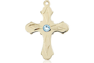 14kt Gold Filled Cross Pendant with a 3mm Aqua Swarovski stone on an 18-inch Gold Filled Light Curb Chain Engraved Catholic Saint Jewelry