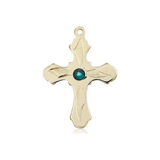 14kt Gold Filled Cross Pendant with a 3mm Emerald Swarovski stone on an 18-inch Gold Filled Light Curb Chain Engraved Catholic Saint Jewelry
