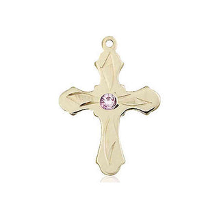 14kt Gold Filled Cross Pendant with a 3mm Light Amethyst Swarovski stone on an 18-inch Gold Filled Light Curb Chain Engraved Catholic Saint Jewelry
