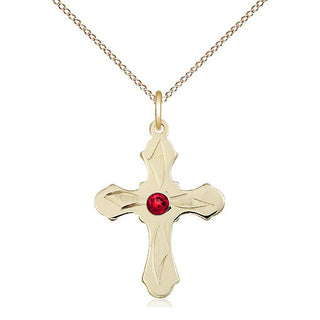 14kt Gold Filled Cross | 3mm Ruby Swarovski stone | 18-inch Gold Filled Chain | Engravable