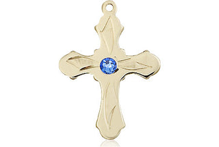 14kt Gold Filled Cross Pendant with a 3mm Sapphire Swarovski stone on an 18-inch Gold Filled Light Curb Chain Engraved Catholic Saint Jewelry
