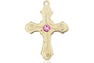 14kt Gold Filled Cross Pendant with a 3mm Rose Swarovski stone on an 18-inch Gold Filled Light Curb Chain Engraved Catholic Saint Jewelry