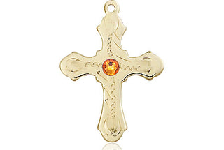 14kt Gold Filled Cross Pendant with a 3mm Topaz Swarovski stone on an 18-inch Gold Filled Light Curb Chain Engraved Catholic Saint Jewelry
