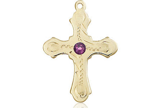 14kt Gold Filled Cross Pendant with a 3mm Amethyst Swarovski stone on an 18-inch Gold Filled Light Curb Chain Engraved Catholic Saint Jewelry