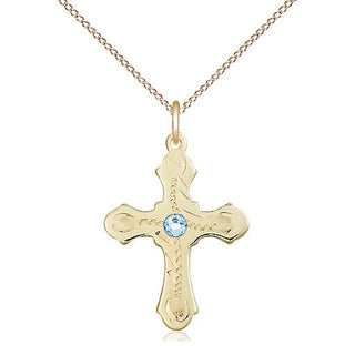 14kt Gold Filled Cross | 3mm Aqua Swarovski stone | 18-inch Gold Filled Chain | Engravable