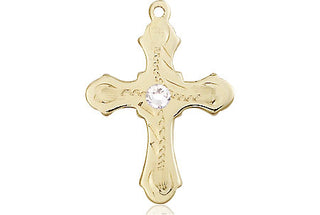 14kt Gold Filled Cross Pendant with a 3mm Crystal Swarovski stone on an 18-inch Gold Filled Light Curb Chain Engraved Catholic Saint Jewelry