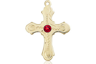 14kt Gold Filled Cross Pendant with a 3mm Ruby Swarovski stone on an 18-inch Gold Filled Light Curb Chain Engraved Catholic Saint Jewelry