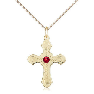 14kt Gold Filled Cross | 3mm Ruby Swarovski stone | 18-inch Gold Filled Chain | Engravable