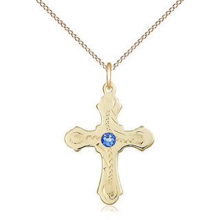 14kt Gold Filled Cross | 3mm Sapphire Swarovski stone | 18-inch Gold Filled Chain | Engravable
