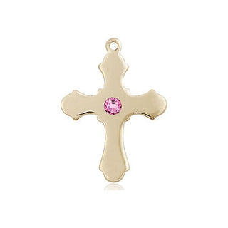 14kt Gold Cross Medal with a 3mm Rose Swarovski stone