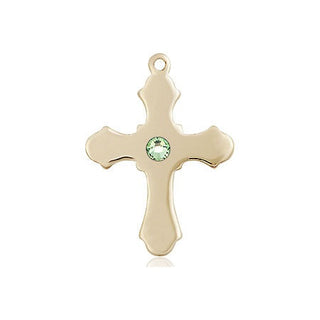 14kt Gold Cross Medal with a 3mm Peridot Swarovski stone