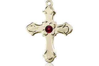 14kt Gold Cross Medal with a 3mm Garnet Swarovski stone Engraved Catholic Saint Jewelry
