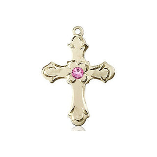14kt Gold Cross Medal with a 3mm Rose Swarovski stone Engraved Catholic Saint Jewelry