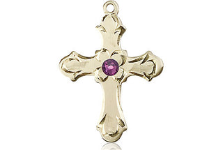 14kt Gold Cross Medal with a 3mm Amethyst Swarovski stone Engraved Catholic Saint Jewelry