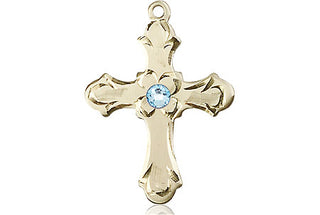 14kt Gold Cross Medal with a 3mm Aqua Swarovski stone Engraved Catholic Saint Jewelry
