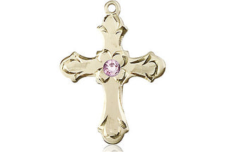 14kt Gold Cross Medal with a 3mm Light Amethyst Swarovski stone Engraved Catholic Saint Jewelry