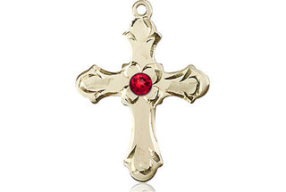 14kt Gold Cross Medal with a 3mm Ruby Swarovski stone Engraved Catholic Saint Jewelry