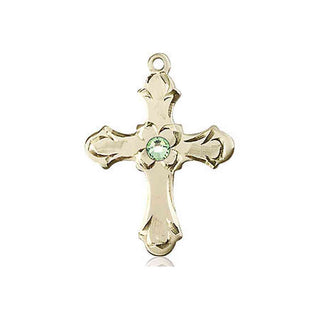 14kt Gold Cross Medal with a 3mm Peridot Swarovski stone Engraved Catholic Saint Jewelry