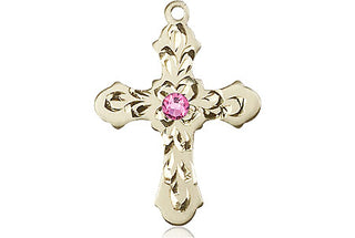 14kt Gold Cross Medal with a 3mm Rose Swarovski stone Engraved Catholic Saint Jewelry