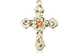 14kt Gold Cross Medal with a 3mm Topaz Swarovski stone Engraved Catholic Saint Jewelry