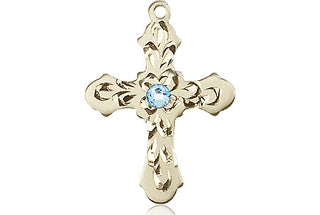 14kt Gold Cross Medal with a 3mm Aqua Swarovski stone Engraved Catholic Saint Jewelry