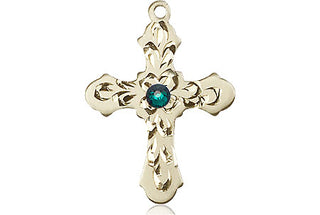 14kt Gold Cross Medal with a 3mm Emerald Swarovski stone Engraved Catholic Saint Jewelry