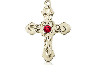 14kt Gold Cross Medal with a 3mm Ruby Swarovski stone Engraved Catholic Saint Jewelry