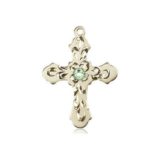 14kt Gold Cross Medal with a 3mm Peridot Swarovski stone Engraved Catholic Saint Jewelry