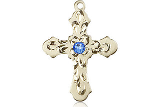 14kt Gold Cross Medal with a 3mm Sapphire Swarovski stone Engraved Catholic Saint Jewelry
