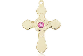 14kt Gold Cross Medal with a 3mm Rose Swarovski stone Engraved Catholic Saint Jewelry