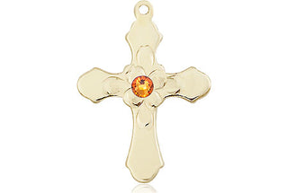 14kt Gold Cross Medal with a 3mm Topaz Swarovski stone Engraved Catholic Saint Jewelry