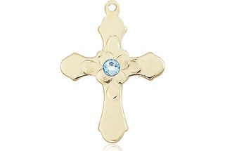 14kt Gold Cross Medal with a 3mm Aqua Swarovski stone Engraved Catholic Saint Jewelry