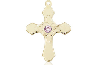 14kt Gold Cross Medal with a 3mm Light Amethyst Swarovski stone Engraved Catholic Saint Jewelry