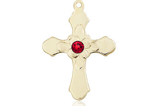 14kt Gold Cross Medal with a 3mm Ruby Swarovski stone Engraved Catholic Saint Jewelry