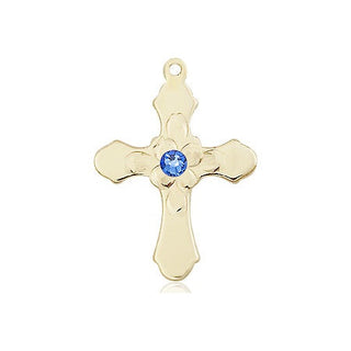 14kt Gold Cross Medal with a 3mm Sapphire Swarovski stone Engraved Catholic Saint Jewelry