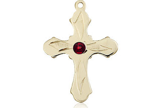 14kt Gold Cross Medal with a 3mm Garnet Swarovski stone Engraved Catholic Saint Jewelry