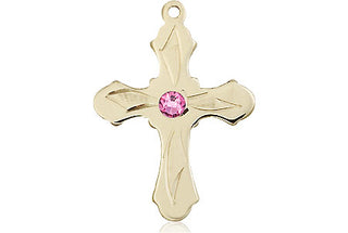 14kt Gold Cross Medal with a 3mm Rose Swarovski stone Engraved Catholic Saint Jewelry