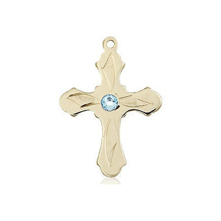 14kt Gold Cross Medal with a 3mm Aqua Swarovski stone Engraved Catholic Saint Jewelry