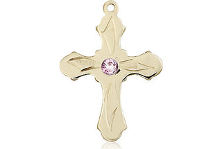 14kt Gold Cross Medal with a 3mm Light Amethyst Swarovski stone Engraved Catholic Saint Jewelry