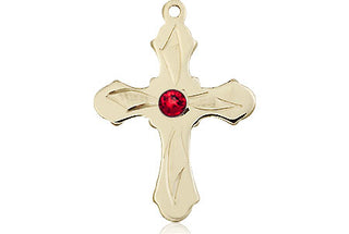 14kt Gold Cross Medal with a 3mm Ruby Swarovski stone Engraved Catholic Saint Jewelry