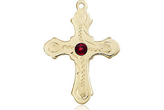 14kt Gold Cross Medal with a 3mm Garnet Swarovski stone Engraved Catholic Saint Jewelry